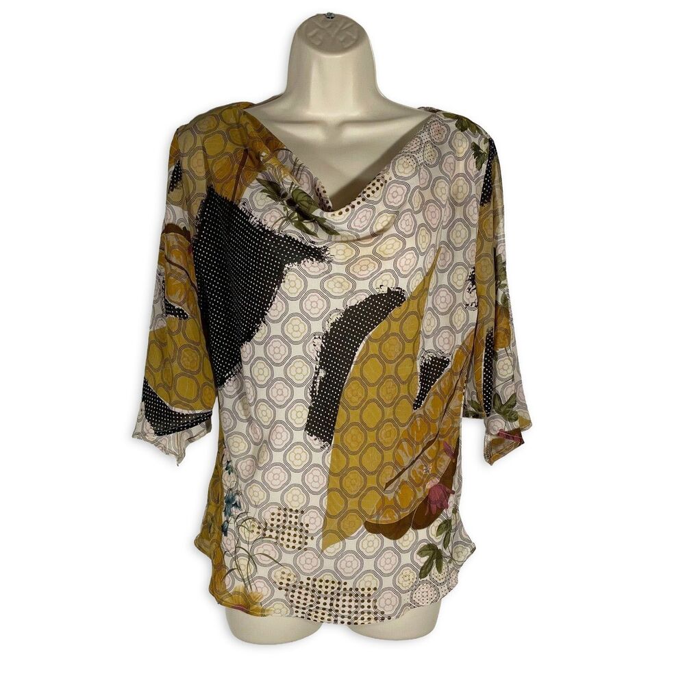 Millenium Y2K Boho Sheer Cold Shoulder Cowl Neck Abstract Print Top Medium